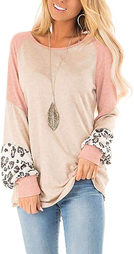 Damenpullover beige rosa, Leopardenmuster Ärmel, lässig, Langarm, modisch, Baumwolle.