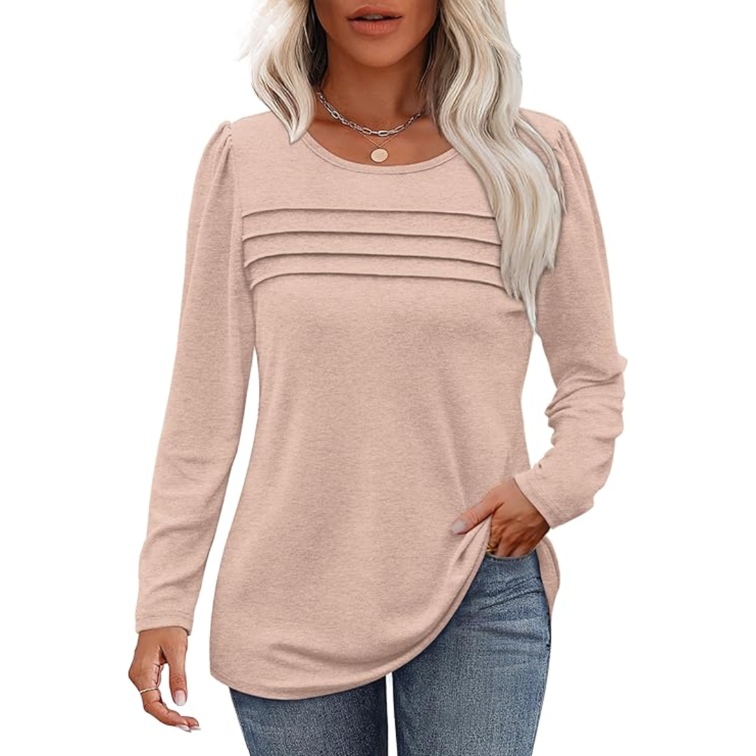 Damenpullover beige, Langarm, Rundhals, Falten-Design, Freizeitmode, Herbstkleidung.