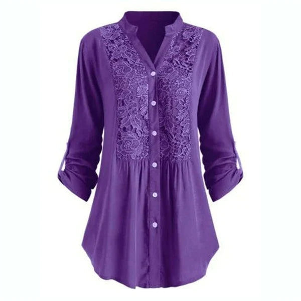Lila Damenbluse mit Spitzenmuster, Knopfleiste, 3/4-Ärmel, elegant, Freizeitmode.