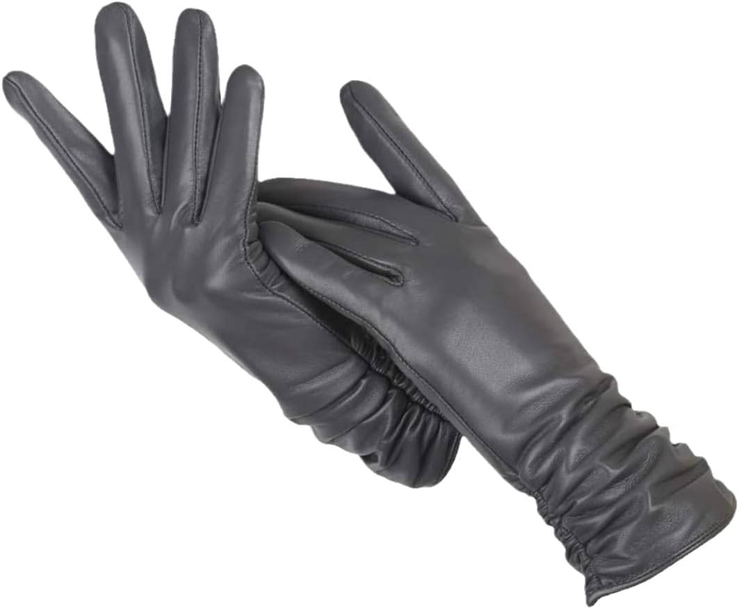 Dunkelgraue Lederhandschuhe für Damen, elegant, warm, Wintermode, Accessoire.