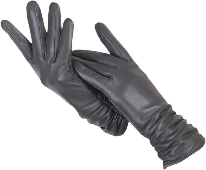 Dunkelgraue Lederhandschuhe für Damen, elegant, warm, Wintermode, Accessoire.