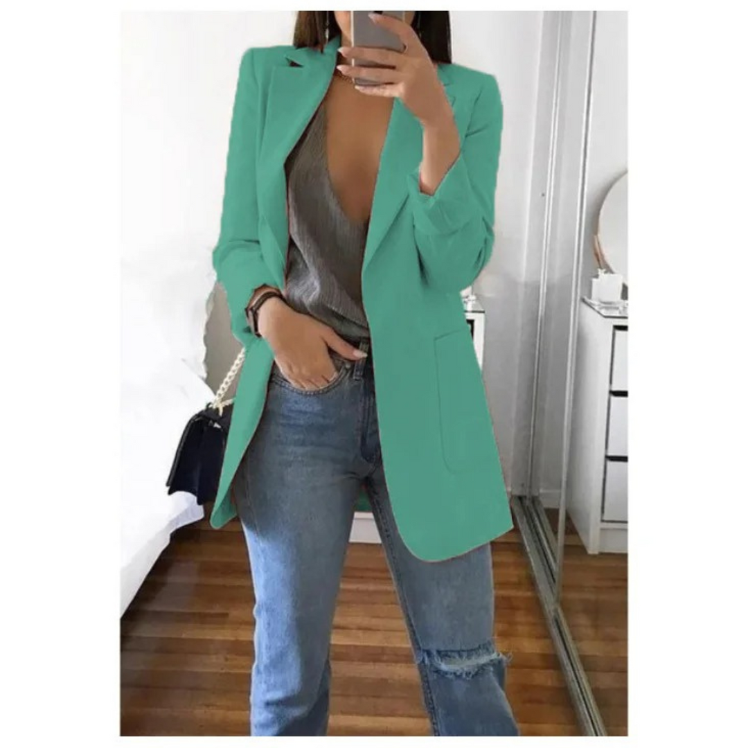Damenblazer lang mintgrün, eleganter Stil, ideal für Büro, Freizeitmode, modisch, bequem.