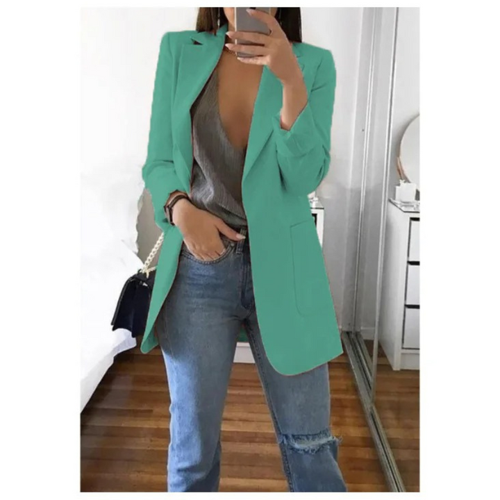Damenblazer lang mintgrün, eleganter Stil, ideal für Büro, Freizeitmode, modisch, bequem.