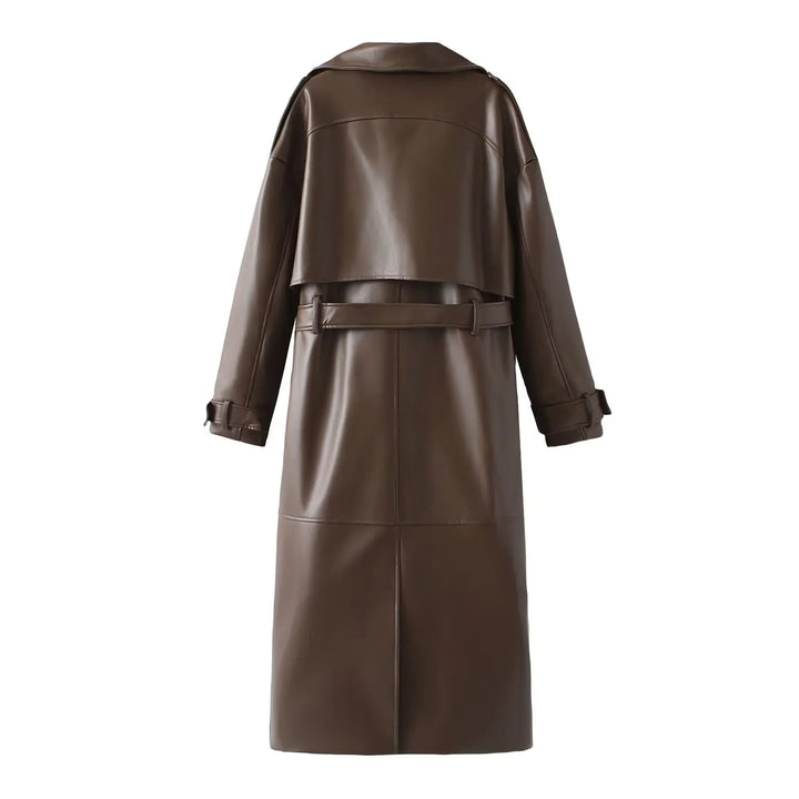 Brauner Ledermantel für Damen, lang, mit Gürtel, modisch, Herbst/Winter, Rückansicht.