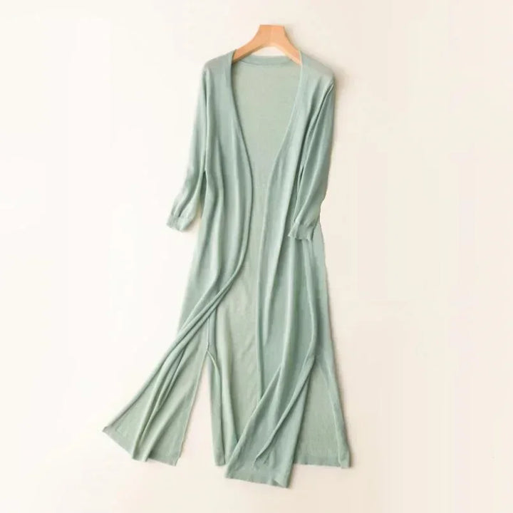 Damen Strickjacke lang mintgrün, Sommermode, UV-Schutz, leichter Cardigan, elegant.