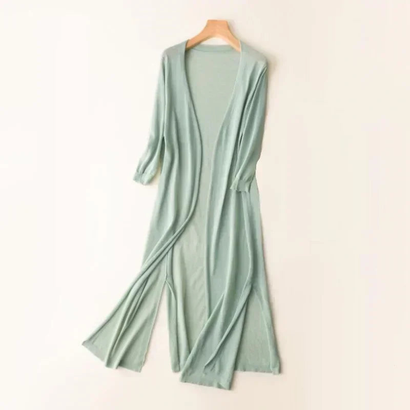 Grüner Damen-Cardigan, lang, Strick, Frühling/Sommer, UV-Schutz, modisch, leicht.