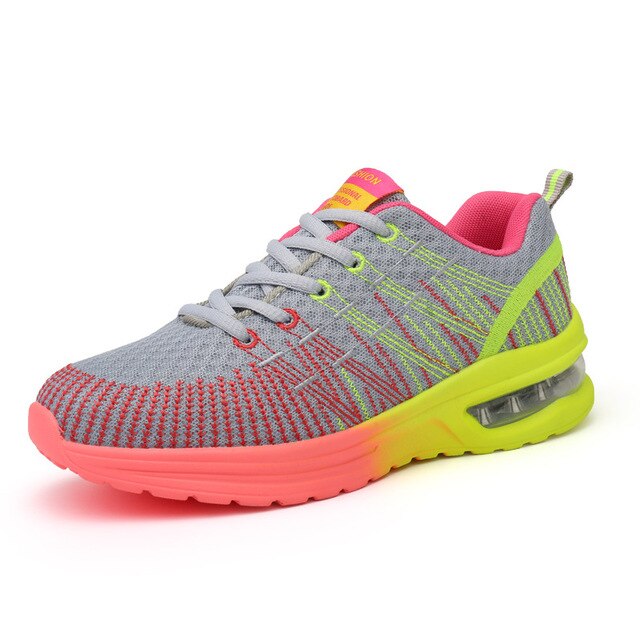 Graue Damen-Sneaker mit Luftkissen, neonpink und gelb, atmungsaktiv, leicht, für Sport.