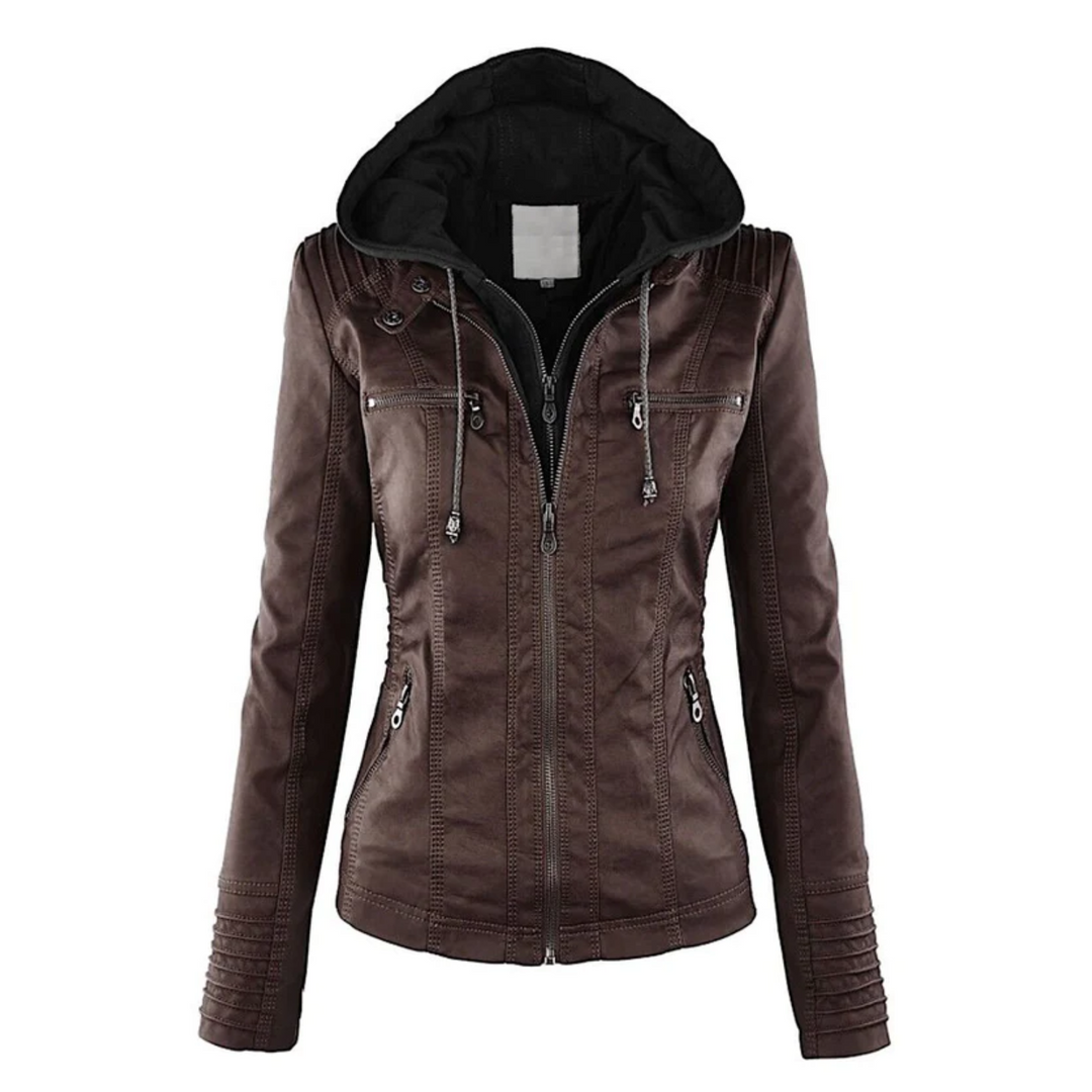 Damen Lederjacke braun mit Kapuze, Reißverschluss, modisch, Herbstmode, stilvoll und elegant.