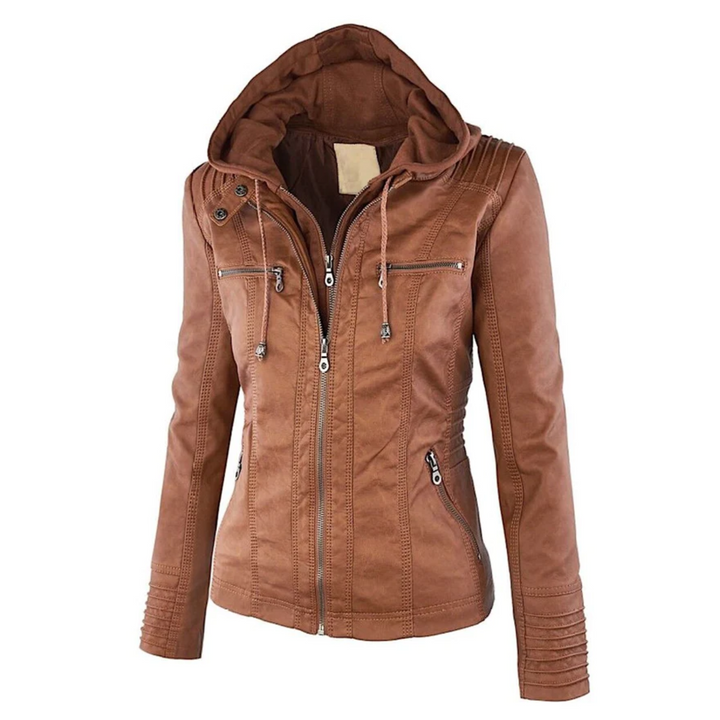 Damen Lederjacke braun mit Kapuze, Reißverschlüsse, modisch, Herbstbekleidung, elegant.