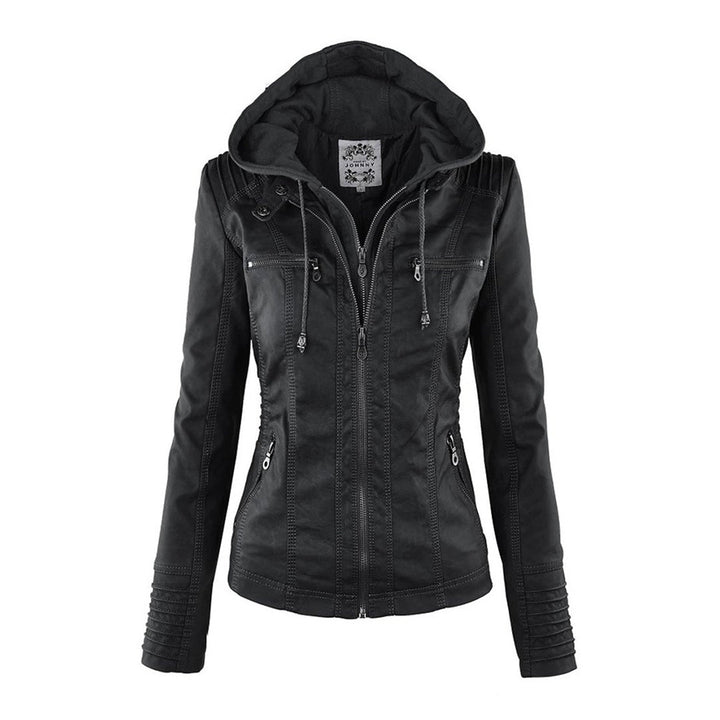 Damen Lederjacke schwarz mit Kapuze, Reißverschlüssen, modisch, Herbstmode, elegant.
