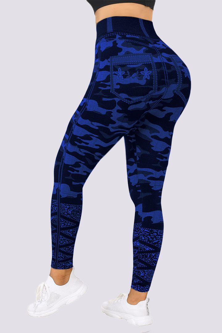 Damen Leggings blau Camouflage-Muster, hohe Taille, Sportbekleidung, Fitness, elastisch.