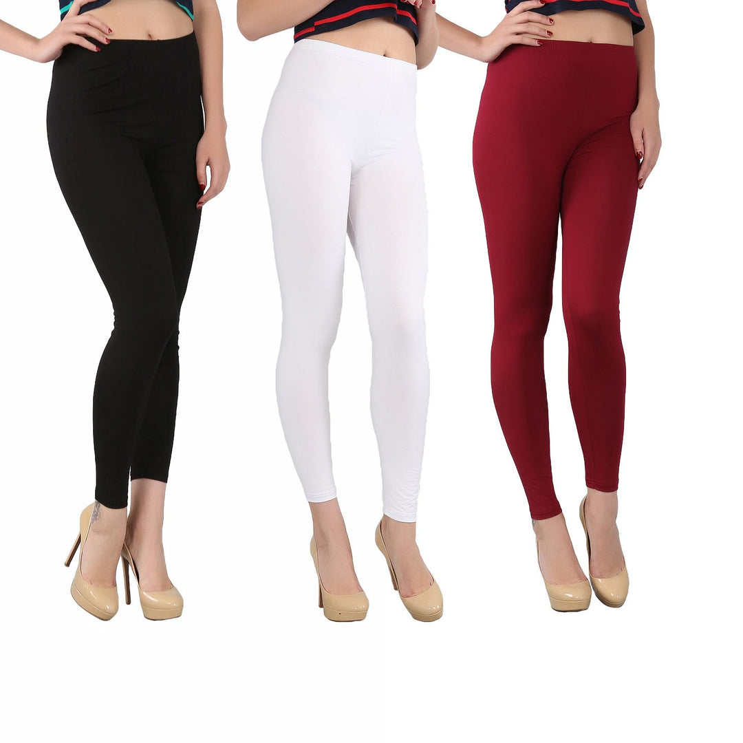Drei Damen-Leggings in Schwarz, Weiß und Rot, elastisch, bequem, modisch, ideal für Alltag.