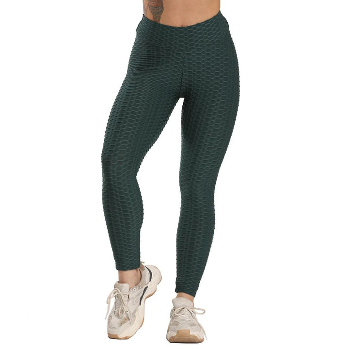 Dunkelgrüne Leggings mit Wabenmuster, Damenmode, Sportbekleidung, elastisch, bequem.