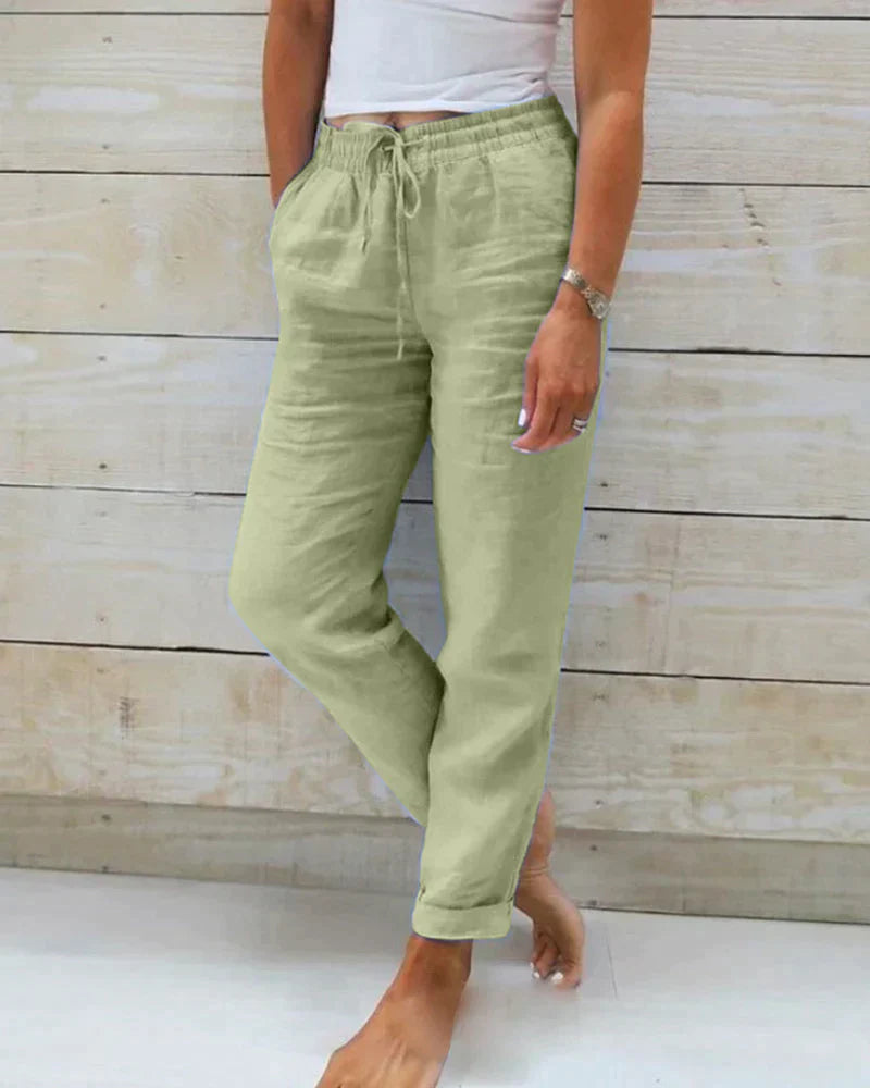 Damen Leinenhose, beige, elastischer Bund, Kordelzug, lässig, bequem, Sommermode.