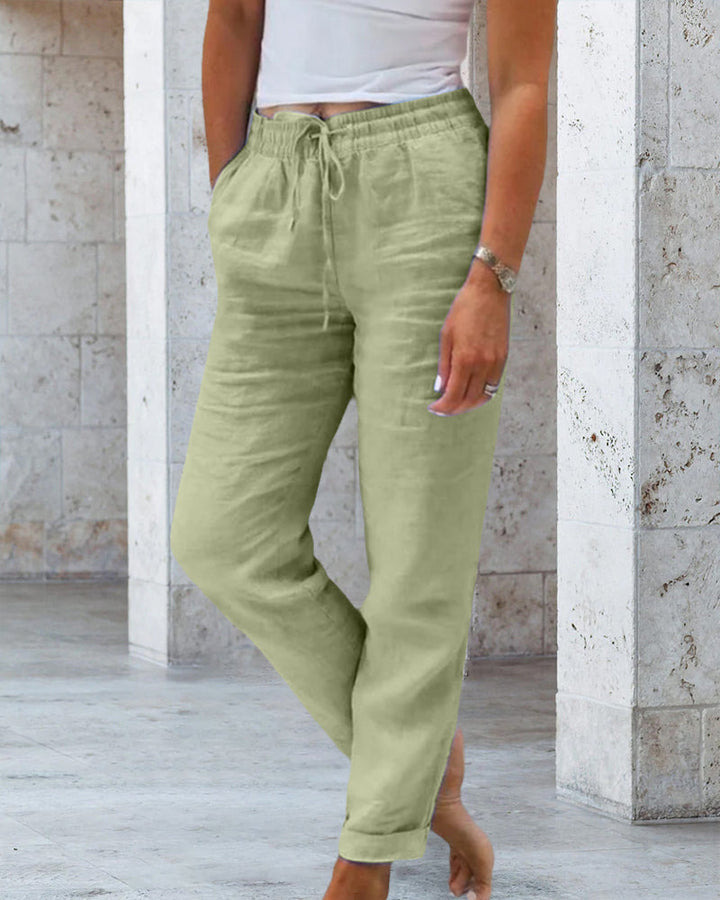 Damen Leinenhose in Hellgrün, lässig, mit Kordelzug, ideal für Sommermode und Freizeitkleidung.