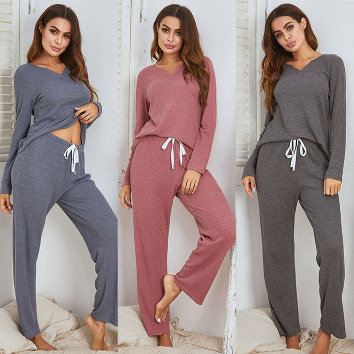 Damen-Pyjama-Set, langärmelig, V-Ausschnitt, Baumwolle, in Blau, Rosa, Grau, bequem, modisch.
