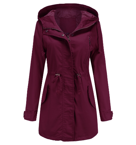 Damenmantel mit Kapuze, burgunderrot, wasserdicht, Outdoorjacke, Herbstmode, Reißverschluss.