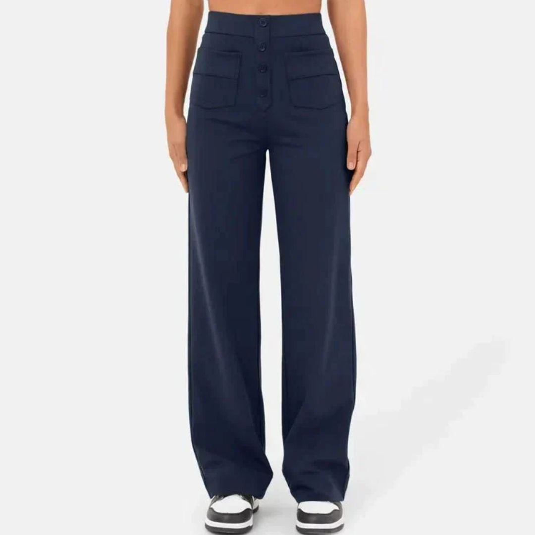 Dunkelblaue Damenhose, weites Bein, hohe Taille, Knopfverschluss, modisch, elegant.