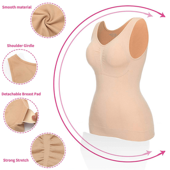 Beige Damen-Unterhemd, nahtlos, glattes Material, abnehmbare Brustpolster, starke Dehnbarkeit.