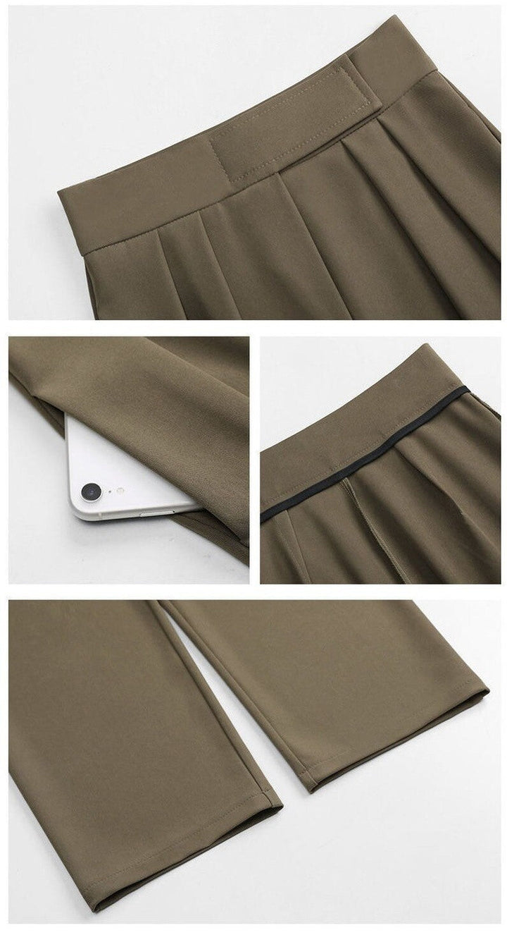 Khakifarbene Damenhose, Falten, Seitentasche, Smartphone, eleganter Stil, Polyester.