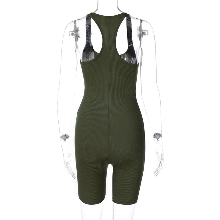Damen-Bodycon-Jumpsuit, ärmellos, olivgrün, gerippt, sportlich, Freizeitmode, Rückansicht.