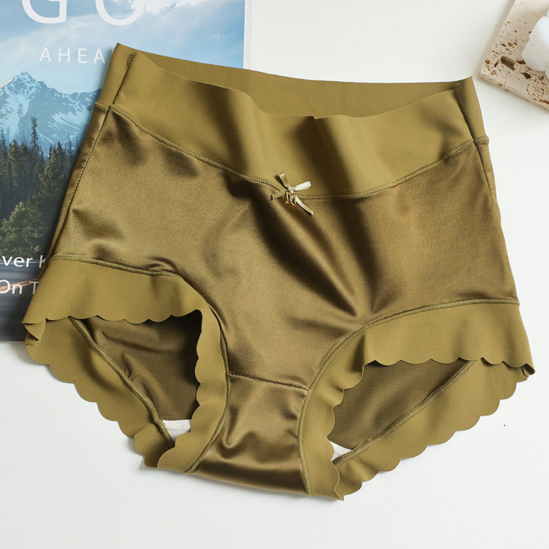 Damenunterwäsche aus olivgrünem Satin mit Schleife, hoher Taille und wellenförmigem Saum.