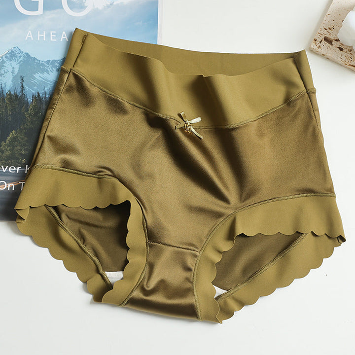 Damenunterwäsche aus olivgrünem Satin mit Schleife, hoher Taille und wellenförmigem Saum.