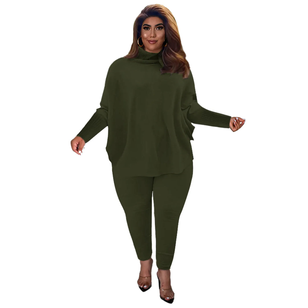 Damen Zweiteiler Set, olivgrün, Strick, Pullover und Hose, Plus Size, modisch, bequem