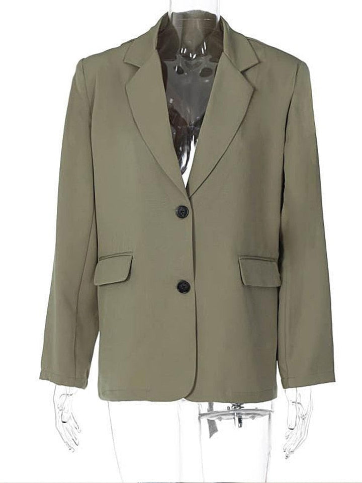 Olivgrüner Damenblazer, Zweiknopf, klassischer Schnitt, elegantes Design, Businessmode.