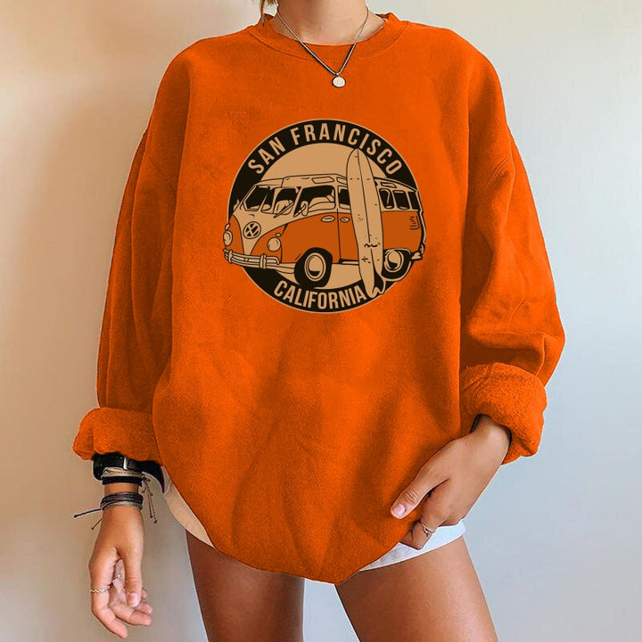 Orange Oversize Pullover mit San Francisco California Print, Damenmode, lässiger Stil.