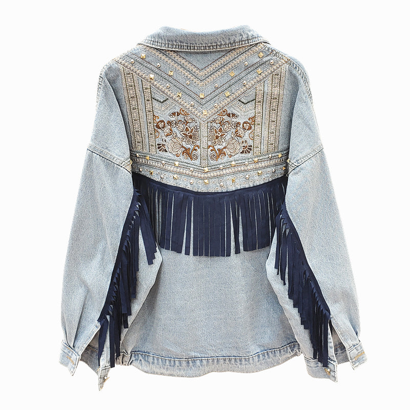 Damen Oversized Jeansjacke mit Fransen und Blumenmuster, hellblau, modisch, lässig.
