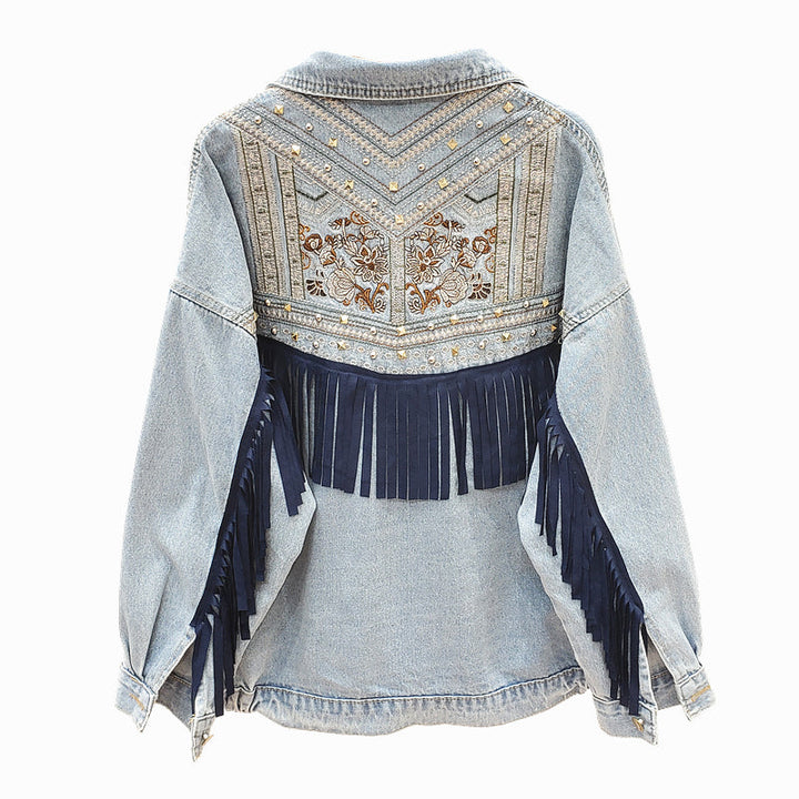 Damen Oversized Jeansjacke mit Fransen und Blumenmuster, hellblau, modisch, lässig.