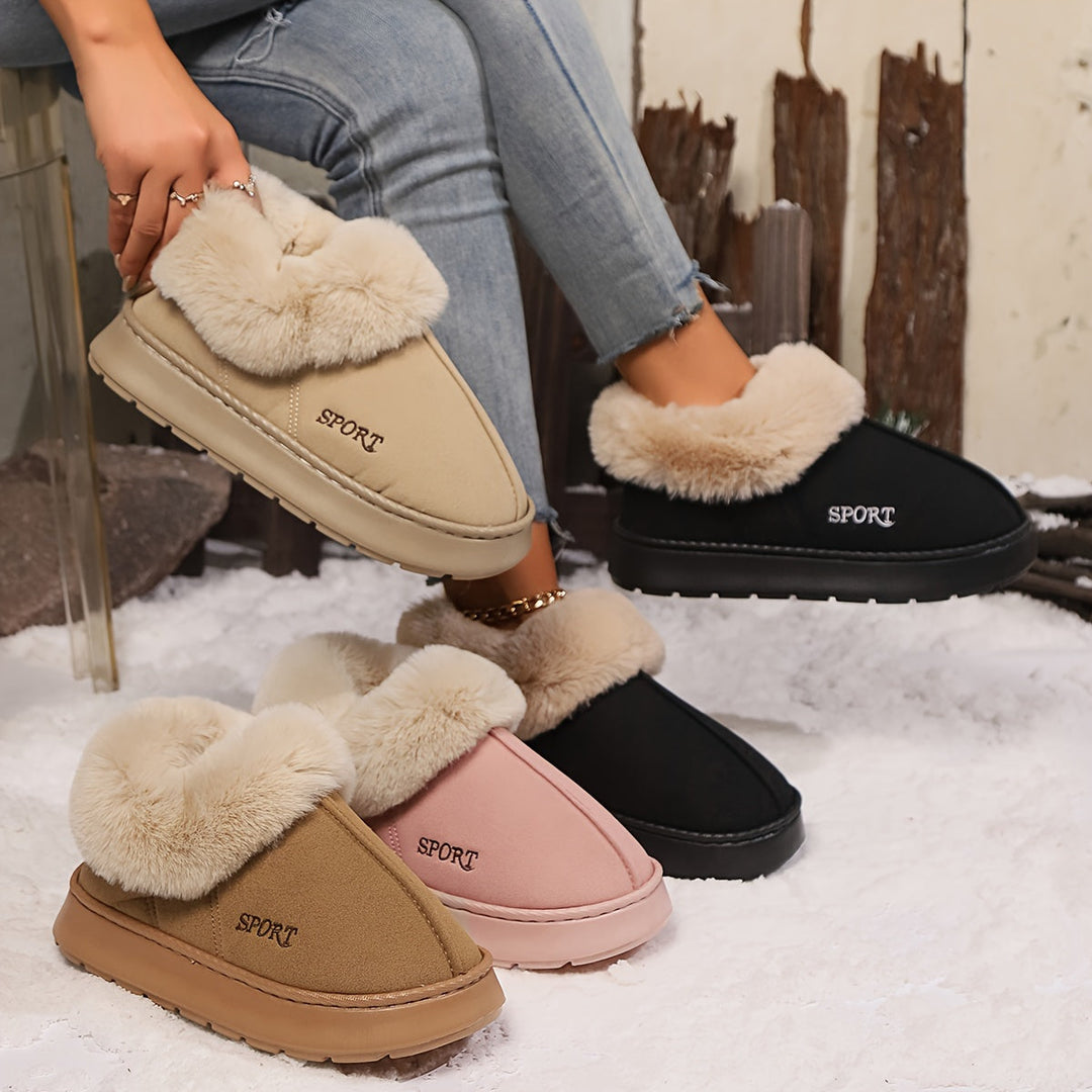 Damen Hausschuhe mit Kunstfell, beige, rosa, schwarz, rutschfest, warm, bequem, Wintermode.