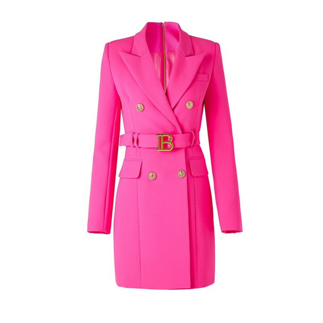 Damen Blazer Kleid, pink, doppelreihig, Gürtel, goldene Knöpfe, elegantes Design.
