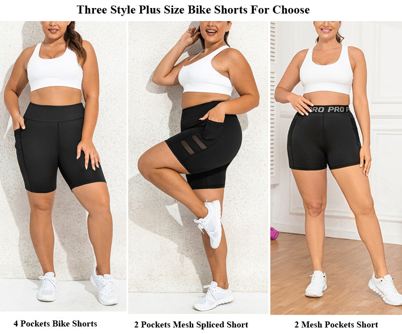 Drei Plus-Size-Fahrradshorts, schwarz, verschiedene Taschenstile, Damenmode.