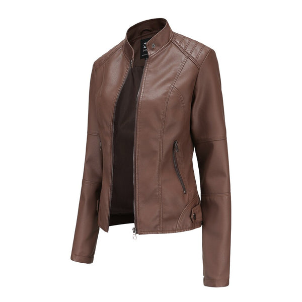Damen PU-Lederjacke braun, Stehkragen, Reißverschluss, Biker-Stil, modisch, Frühling.