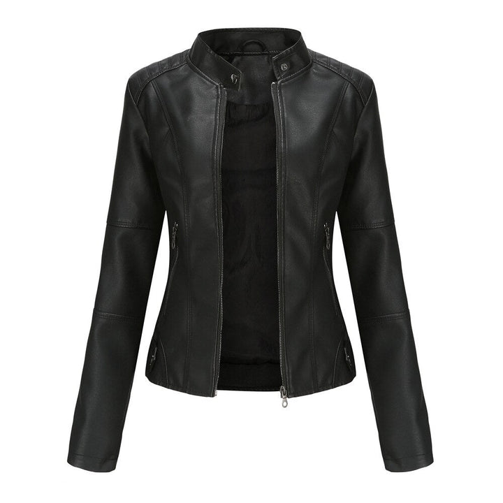 Schwarze Damen-PU-Lederjacke mit Stehkragen, Biker-Stil, Frühling.