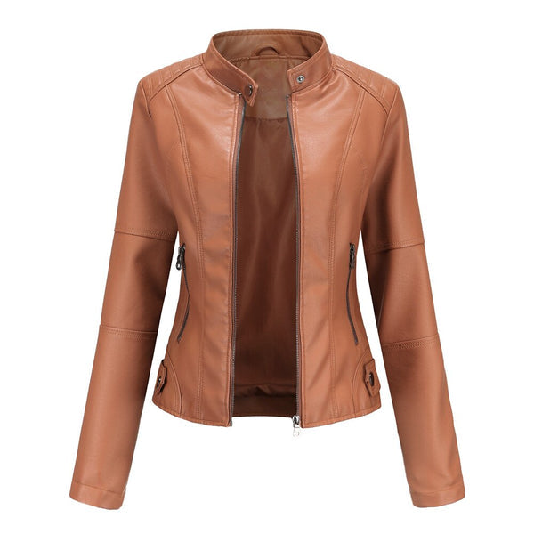 Braune Damen-PU-Lederjacke mit Stehkragen, Reißverschlusstaschen, modisch, Frühling.