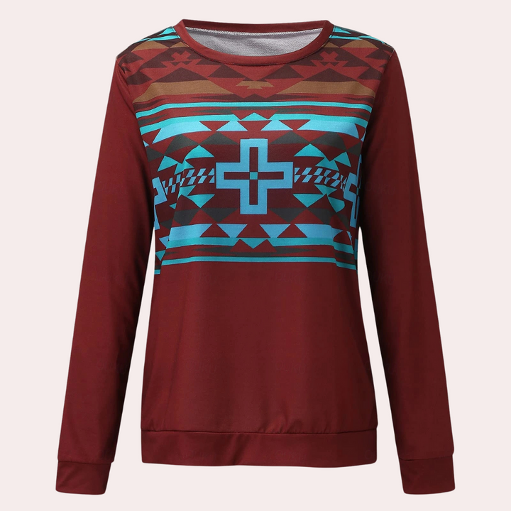 Damenpullover mit geometrischem Muster, rot-blau, Langarm, Baumwolle, modisch, bequem.