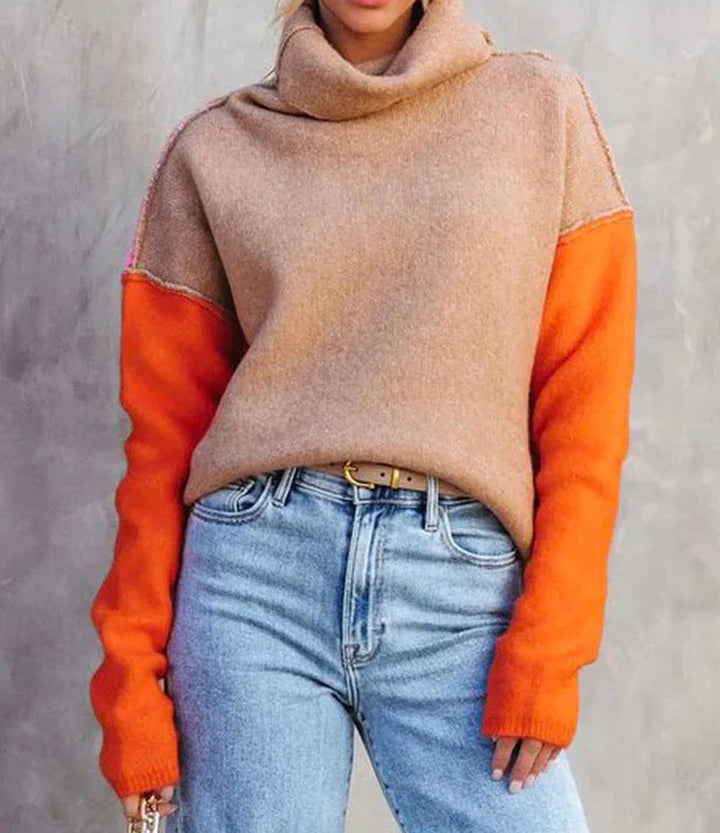 Damenpullover beige-orange, Rollkragen, lange Ärmel, lässig, Herbstmode, Baumwolle.