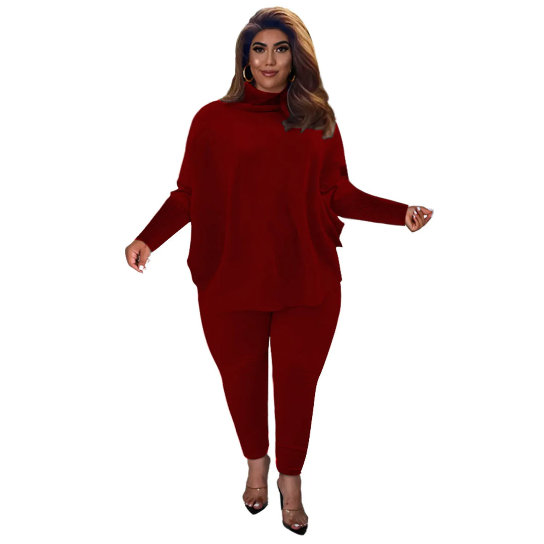 Damenmode Set, roter Pullover und Hose, Plus Size, elegantes Design, Herbst-Winter-Outfit.