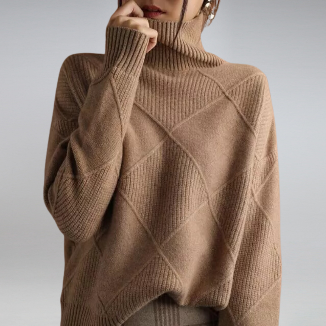 Damen Rollkragenpullover beige, Strickmuster, warm, modisch, Herbstmode, gemütlich.