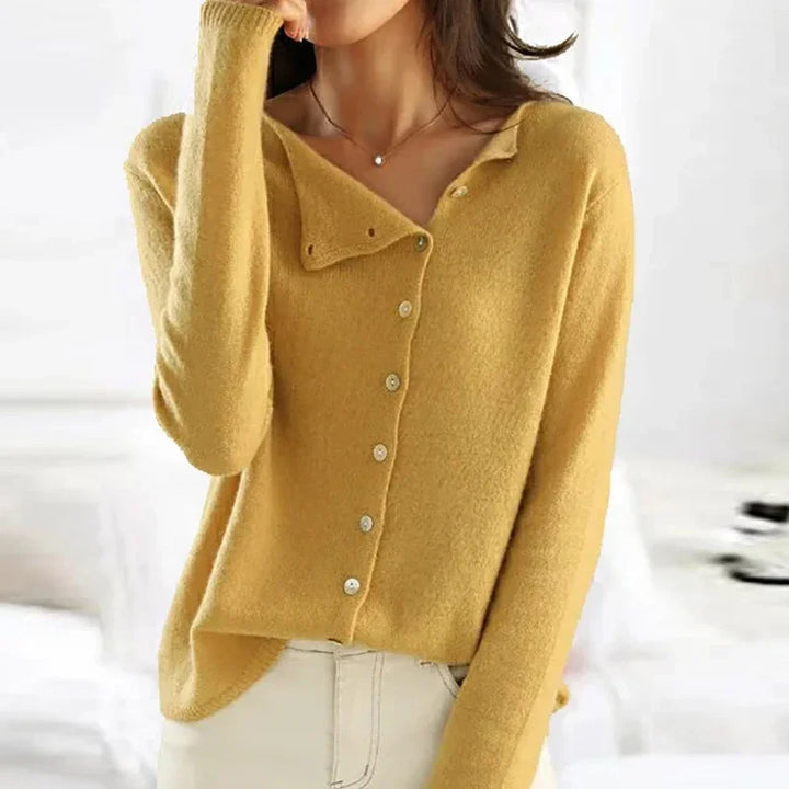 Gelber Damenpullover aus Kaschmir, V-Ausschnitt, Knopfleiste, elegantes Design, Herbstmode.