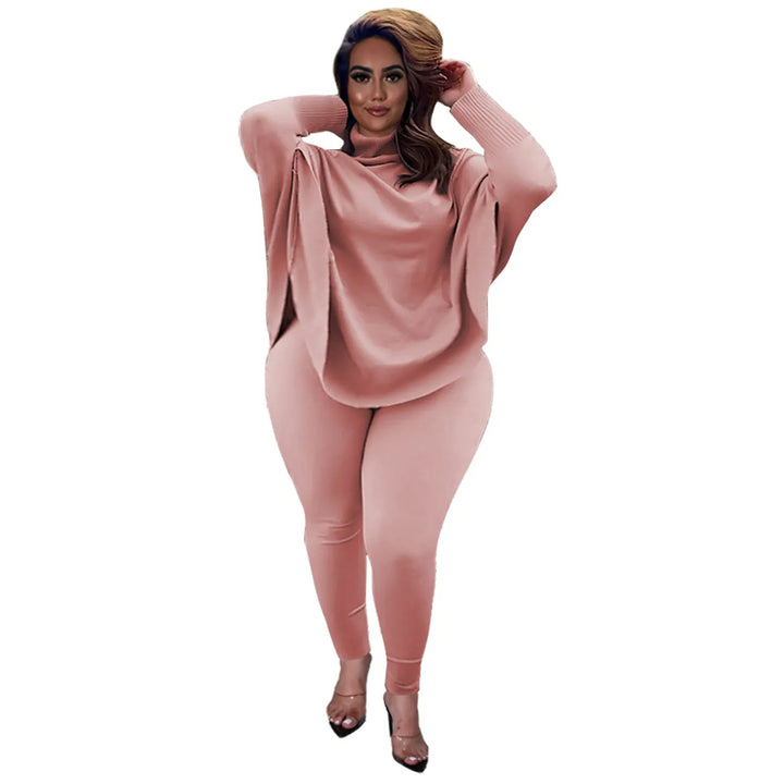 Frau in rosa Strickpullover und Leggings, modisches Damenoutfit, Herbstmode.