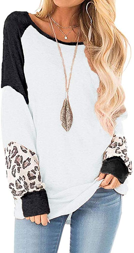 Damen Pullover, weiß mit Leopardenmuster, Langarm, lässig, Baumwolle, modisch, Herbstmode.