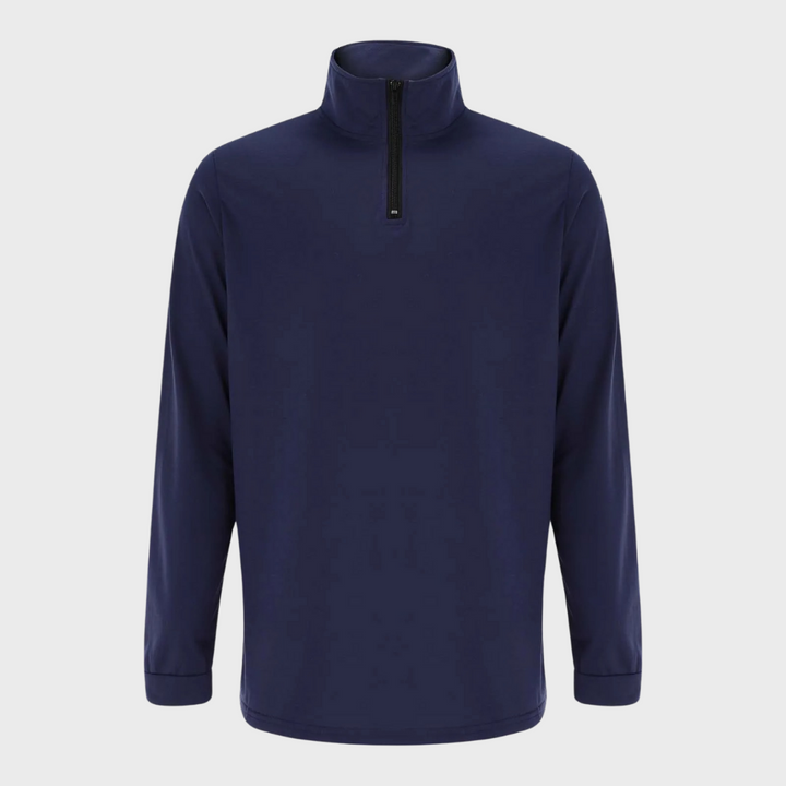 Dunkelblauer Herren-Pullover mit Reißverschluss, Langarm, Stehkragen, Freizeitmode.
