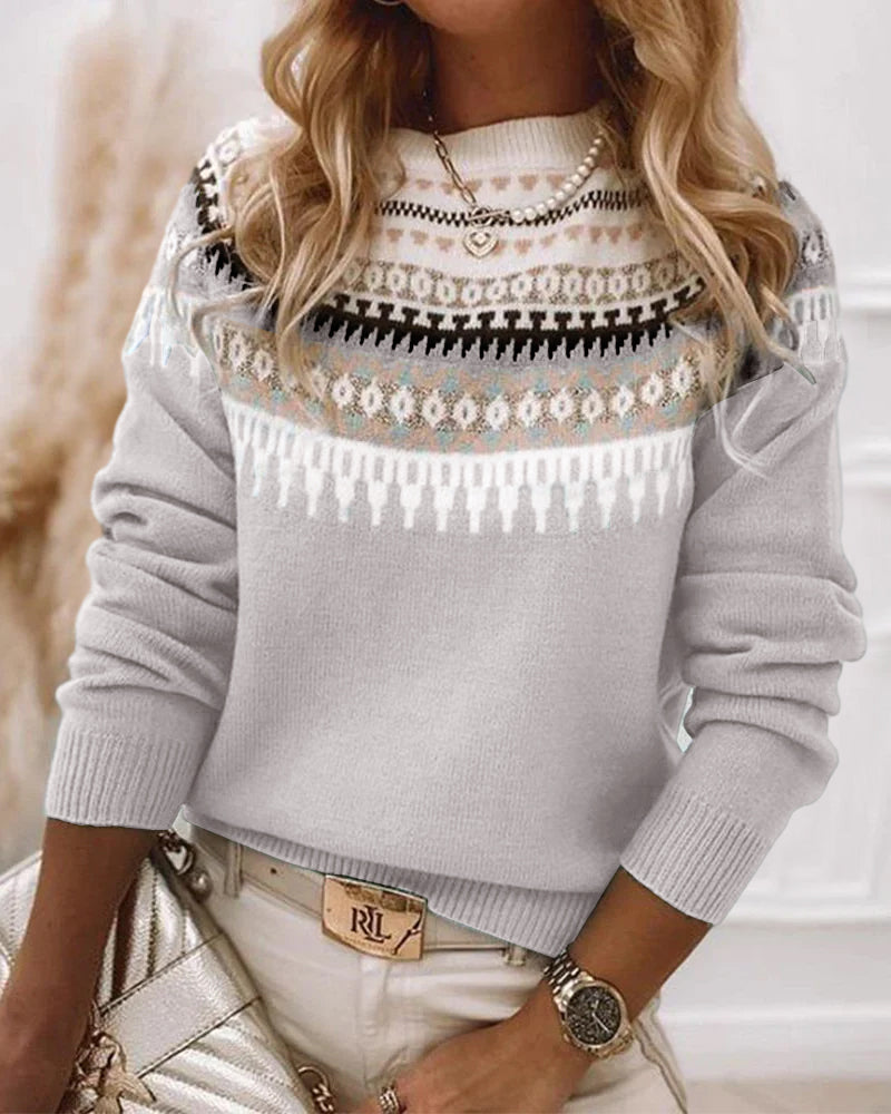 Damenpullover mit Norwegermuster, grau, Strick, Wintermode, lässig, warm, modisch, elegant.