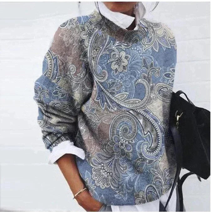 Damenpullover mit blauem Paisley-Muster, lässig, langärmelig, modisch, Baumwolle.