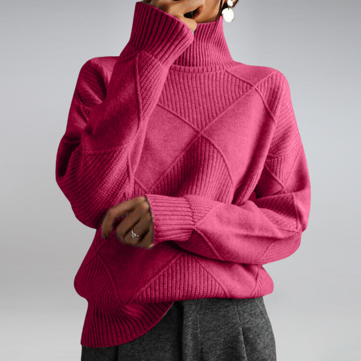 Frau in pinkem Rollkragenpullover aus Strick, modisch, warm, Herbstmode, Damenbekleidung.