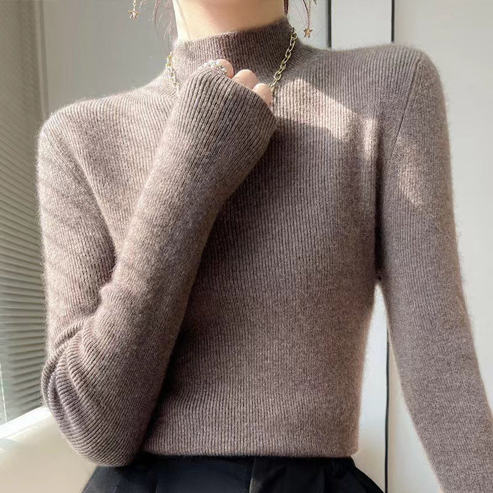Damenpullover aus Kaschmir, braun, Rollkragen, langärmelig, elegant, Herbstmode.